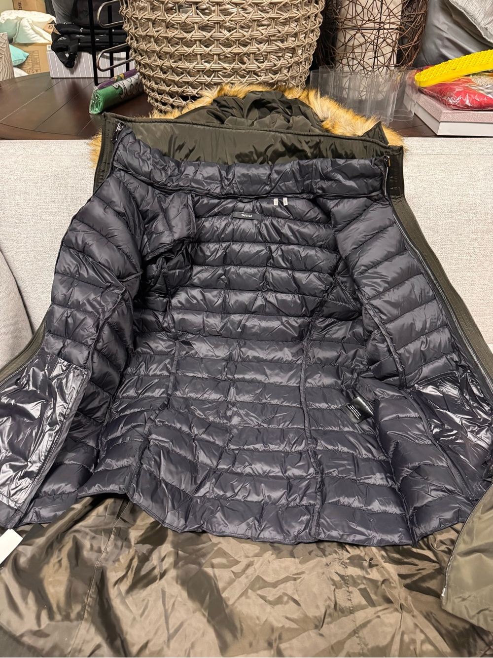 Tahari Olive Green Hooded Puffer Coat with Faux Fur Trim - Picture 4 of 6